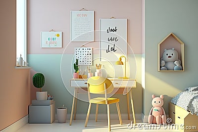 Child's room interior with desk and cute posters on light wall Space for text. Generative AI Stock Photo