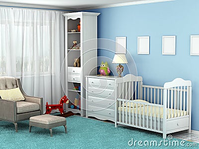 Child's room, where there is a chair, toys, furniture, flooring, Stock Photo