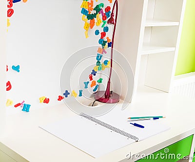 A Child`s School Desk with School Supplies Stock Photo