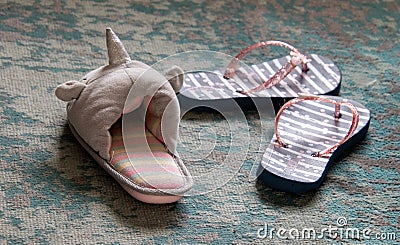 Child`s slops and a slipper isolated Stock Photo