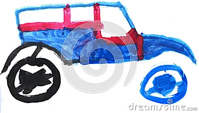 Childs drawing - blue-red car Stock Photo