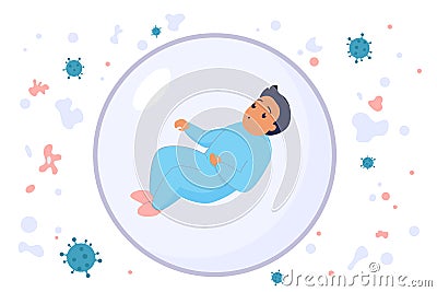 Child in safety bubble for health protection, newborn baby inside protective shield Vector Illustration