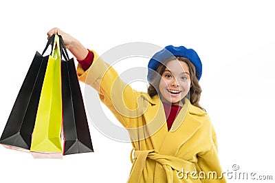 Child satisfied by shopping isolated white background. Obsessed with shopping and clothing malls. Shopaholic concept Stock Photo