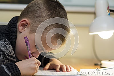 Child school age boy making his homework Stock Photo