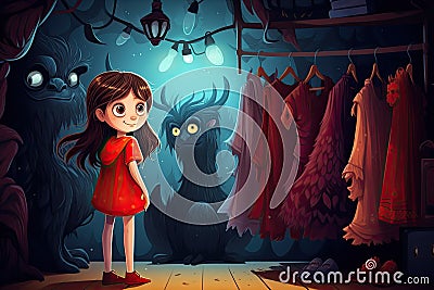 child see a monster in wardrobe AI generated Cartoon Illustration