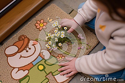 child setting a small daisy bunch on a cartooncharacter door mat Stock Photo