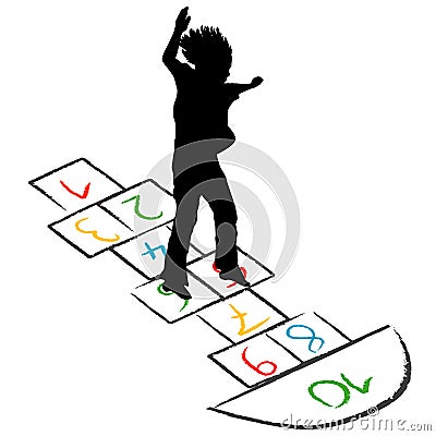 Child silhouette jumping over hopscotch Vector Illustration