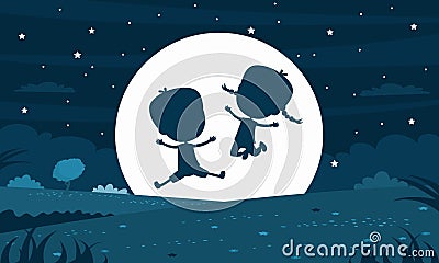Child Silhouette At Moony Night Vector Illustration