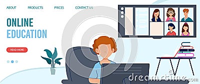 Child sits computer studying home online tutorials reading home schooling. Vector Illustration