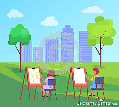 Child sitting on the chair and drawing aquarell paints on large sheet of paper, education concept Vector Illustration