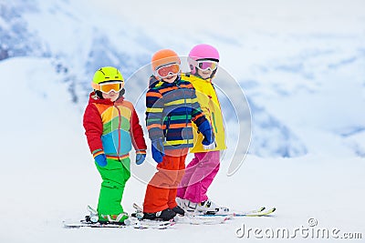 Ski and snow winter fun for kids. Children skiing Stock Photo