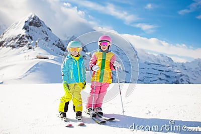 Ski and snow winter fun for kids. Children skiing Stock Photo