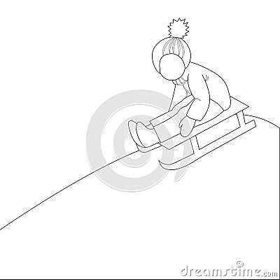 Child sledding. Vector linear illustration isolated. Childrens coloring. Cartoon Illustration