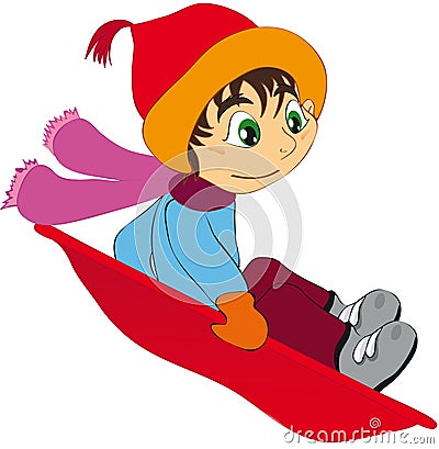 Child sledging downhill Vector Illustration