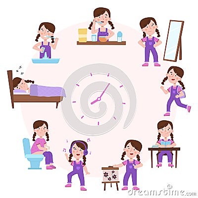 Child daily sleep and wake schedule, girl routine activities. Cute girl daily routine clock face vector illustration Vector Illustration