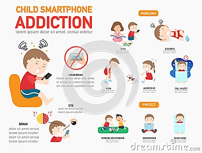 Child smartphone addiction infographic Vector Illustration