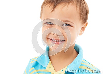 Child, smile and portrait of boy in studio, white background and fashion in mockup space. Kid, face and happy with Stock Photo