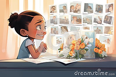 child smiling while looking at parents wedding photos in an album Stock Photo