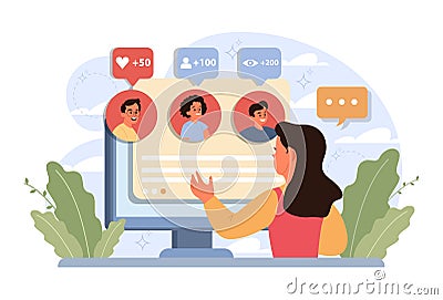 Child in social media. Little girl surfing social networks subscribing Vector Illustration