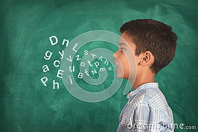 Child speaking and alphabet letters coming out of his mouth Stock Photo