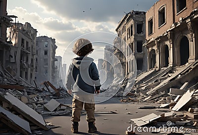 Child stands in city destroyed by hostilities. Generative AI Stock Photo