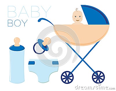 The child in the stroller. The boy is a newborn. He has a nipple, a bottle and a diaper. A set of illustrations. Vector Illustration