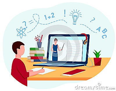 A child, a student is undergoing distance learning online. Teacher Teaches Lesson Online Vector Illustration