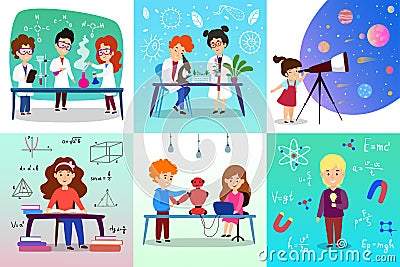 Child study sciences chemistry, biology, in school on vector hand drawn scientific illustration. Vector Illustration