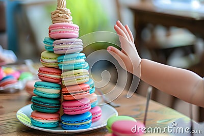 child at a table with a colorful macaron tower, reaching out Stock Photo