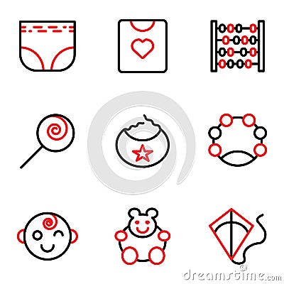 Child and Toy icon set include diapers, pampers, baby, child, shirt, clothes, kids, abacus, toy, lollipop, candy, saliva, eat, Vector Illustration