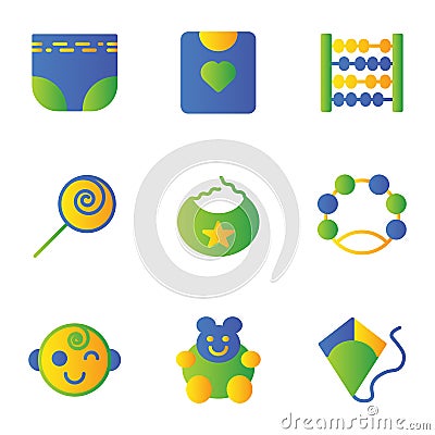 Child and Toy icon set include diapers, pampers, baby, child, shirt, clothes, kids, abacus, toy, lollipop, candy, saliva, eat, Vector Illustration