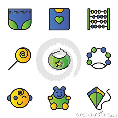 Child and Toy icon set include diapers, pampers, baby, child, shirt, clothes, kids, abacus, toy, lollipop, candy, saliva, eat, Vector Illustration