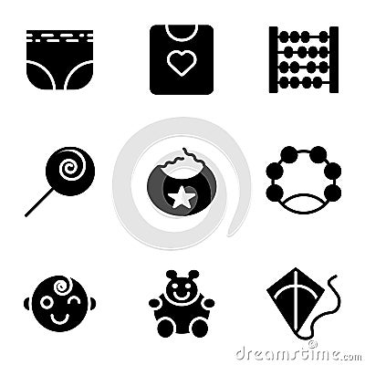 Child and Toy icon set include diapers, pampers, baby, child, shirt, clothes, kids, abacus, toy, lollipop, candy, saliva, eat, Vector Illustration