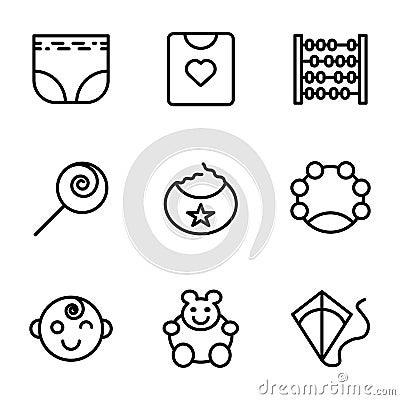 Child and Toy icon set include diapers, pampers, baby, child, shirt, clothes, kids, abacus, toy, lollipop, candy, saliva, eat, Vector Illustration