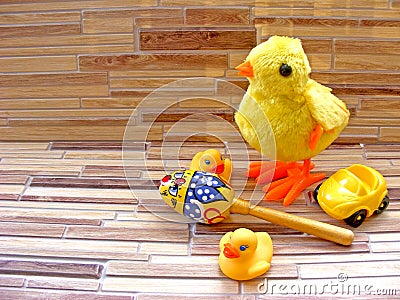 Colorful child toys, chiken, copy space Stock Photo