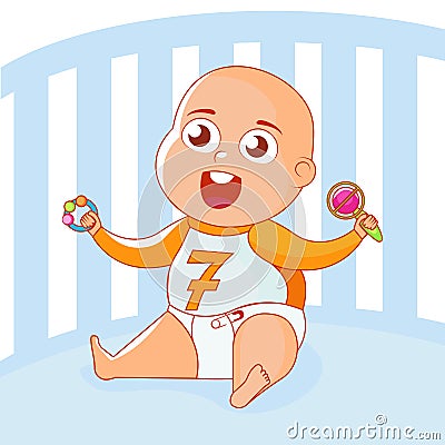 A child with toys rattles in a lullaby Vector Illustration