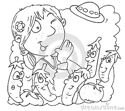 the child with ufo talking to animated carrots chine coloring for kids for books and teaching school boards and narrative Stock Photo