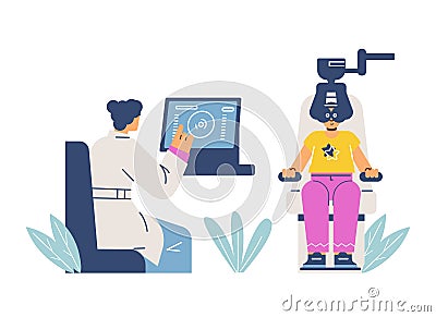 Child undergoing eye examination in ophthalmologist office, flat vector illustration isolated on white background. Vector Illustration