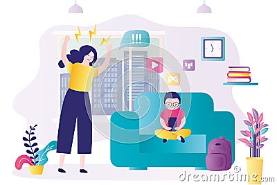 Child is using smartphone. Mother screaming at son. Boy are addicted to social networks and mobile games. Internet and cyber Vector Illustration