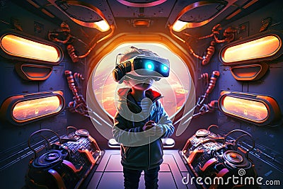 Child using VR headset in space adventure game, kid in metaverse, generative AI Stock Photo