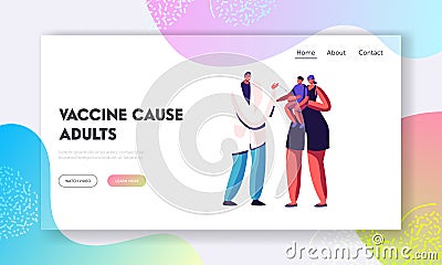 Child Vaccination and Immunization Website Landing Page. Friendly Doctor Put Hypodermic Injection to Baby Sitting Vector Illustration