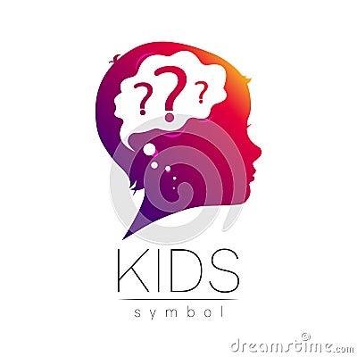 Child violet logotype with brain and question in vector. Silhouette profile human head. Concept logo for people Vector Illustration