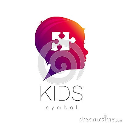 Child violet logotype with puzzle in vector. Silhouette profile human head. Concept logo for people, children, autism Vector Illustration