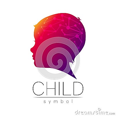 Child violet logotype in vector with brain. Silhouette profile human head. Concept logo for people, children, autism Vector Illustration