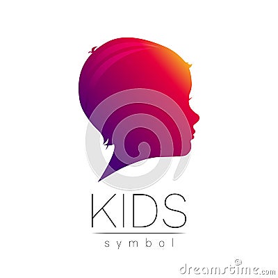 Child violet logotype in vector. Silhouette profile human head. Concept logo for people, children, autism, kids, therapy Vector Illustration