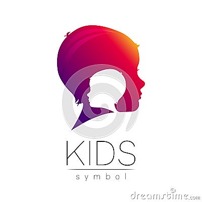 Child violet logotype in vector. Silhouette profile human head. Concept logo for people, children, autism, kids, therapy Vector Illustration