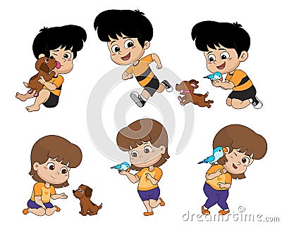 The child was playing with his good friend, that is the dog and Vector Illustration