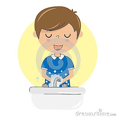 Child washing hands with soap. Vector Illustration