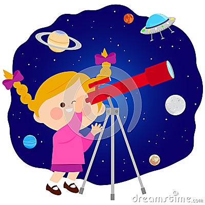 Child watching the night sky with a telescope. Vector illustration Vector Illustration