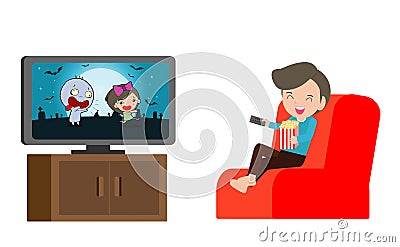 Child watching TV, Little boy watches television isolated vector illustration. Vector Illustration